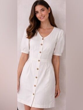 Classic Button-Front Cream Dress with Puff Sleeves